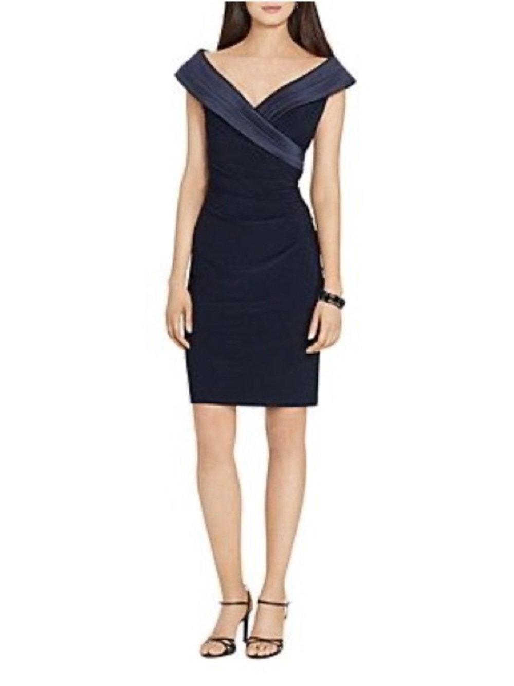 Off-Shoulder Navy Midi Sheath Dress